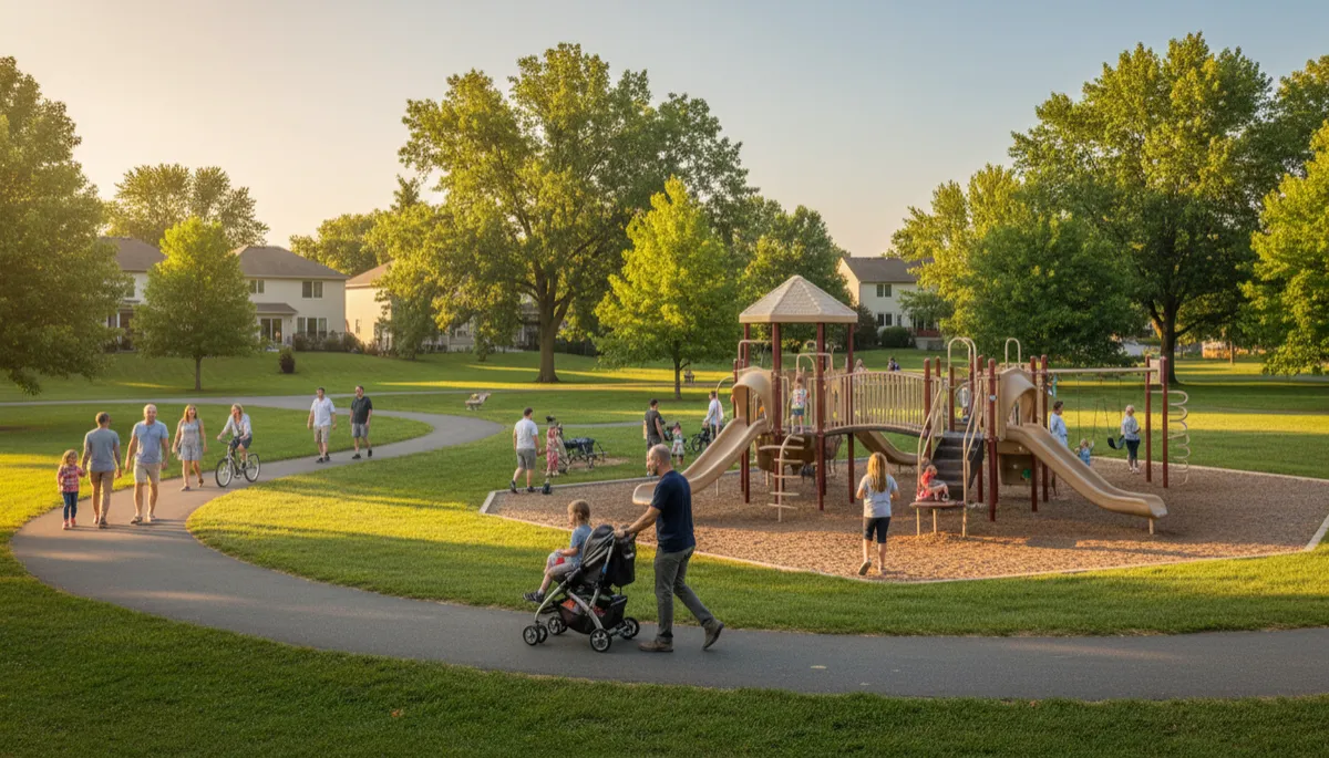 Families enjoying a playground and walking trail in a New Berlin park Families enjoying a playground and walking trail in a New Berlin park