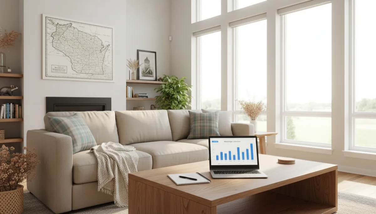 A photorealistic, high-resolution image of a bright, welcoming living room in a modern Southeast Wisconsin home. Sunlight pours in through large windows, illuminating a cozy arrangement featuring a neutral-toned sofa, a wooden coffee table, and subtle Midwest-inspired decor such as a plaid throw pillow and a vintage Wisconsin map on the wall. On the coffee table, a sleek laptop sits open, displaying a detailed mortgage calculator on its screen, alongside a notepad and pen, suggesting financial planning. The overall atmosphere is realistic, inviting, and reflects a typical middle-class home, perfectly illustrating the process of budgeting to buy a house in Southeast Wisconsin in 2026.