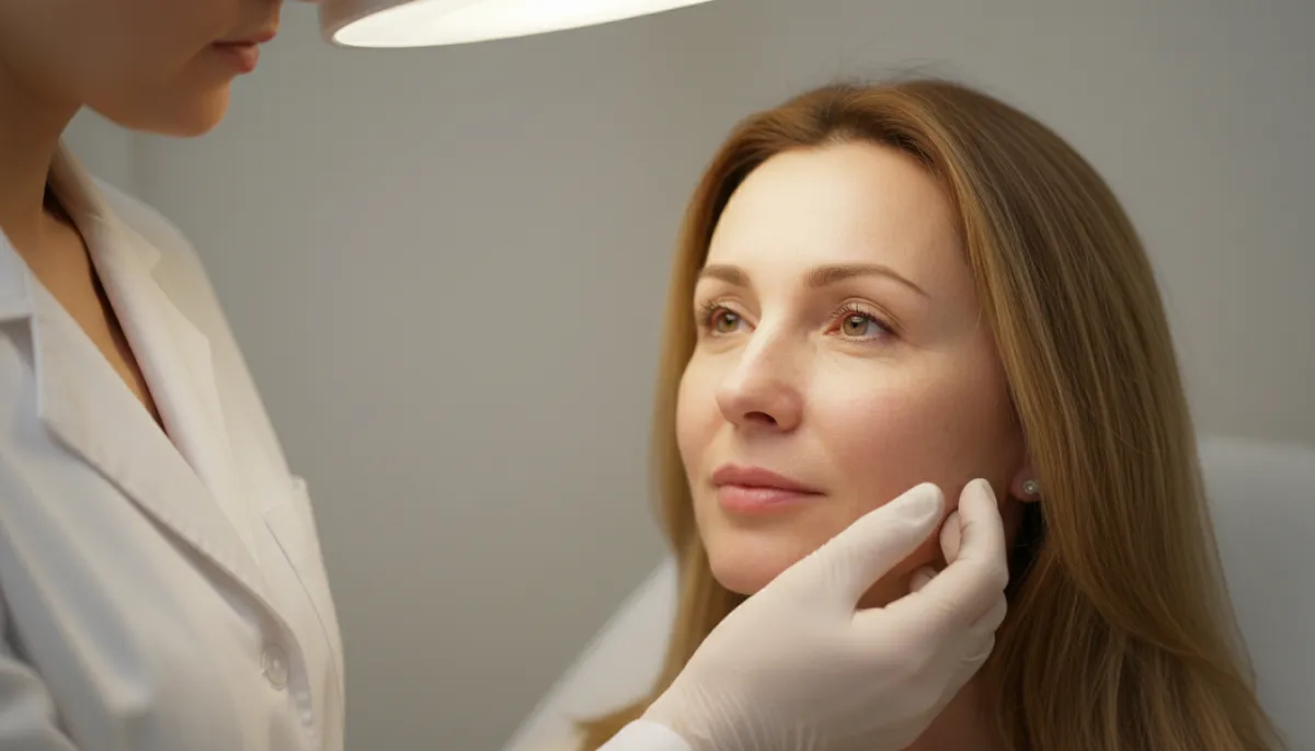Professional photorealistic scene of a clinician evaluating sun damage and redness on a patient's face