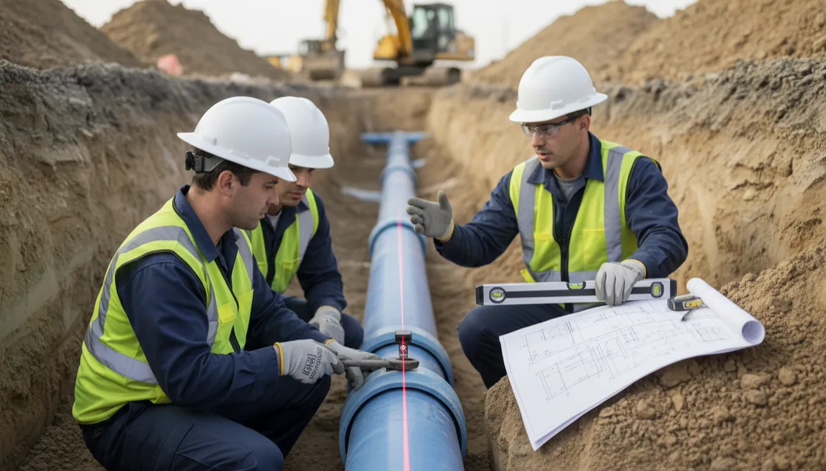 Crew installing underground plumbing with plans and layout tools on site Crew installing underground plumbing with plans and layout tools on site