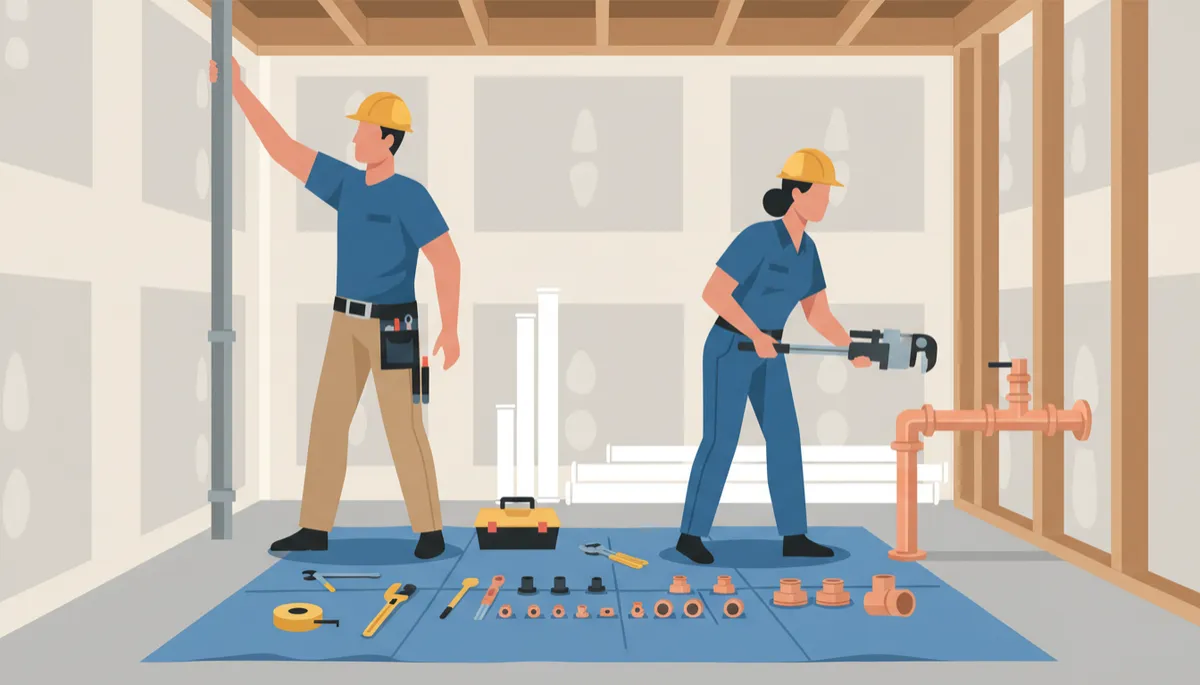 Professional plumbers installing residential piping in a new construction home Professional plumbers installing residential piping in a new construction home