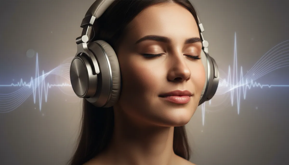 professional neutral-toned photorealistic close-up of a person wearing headphones, soft focus brainwave and musical waveforms subtly overlaid in the background, calm studio lighting professional neutral-toned photorealistic close-up of a person wearing headphones, soft focus brainwave and musical waveforms subtly overlaid in the background, calm studio lighting