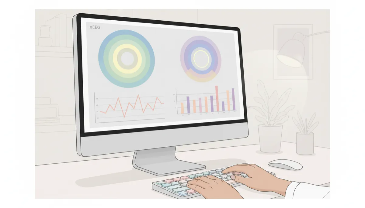 qEEG brain maps and heart rate variability data displayed on a computer in a professional neurotherapy setting