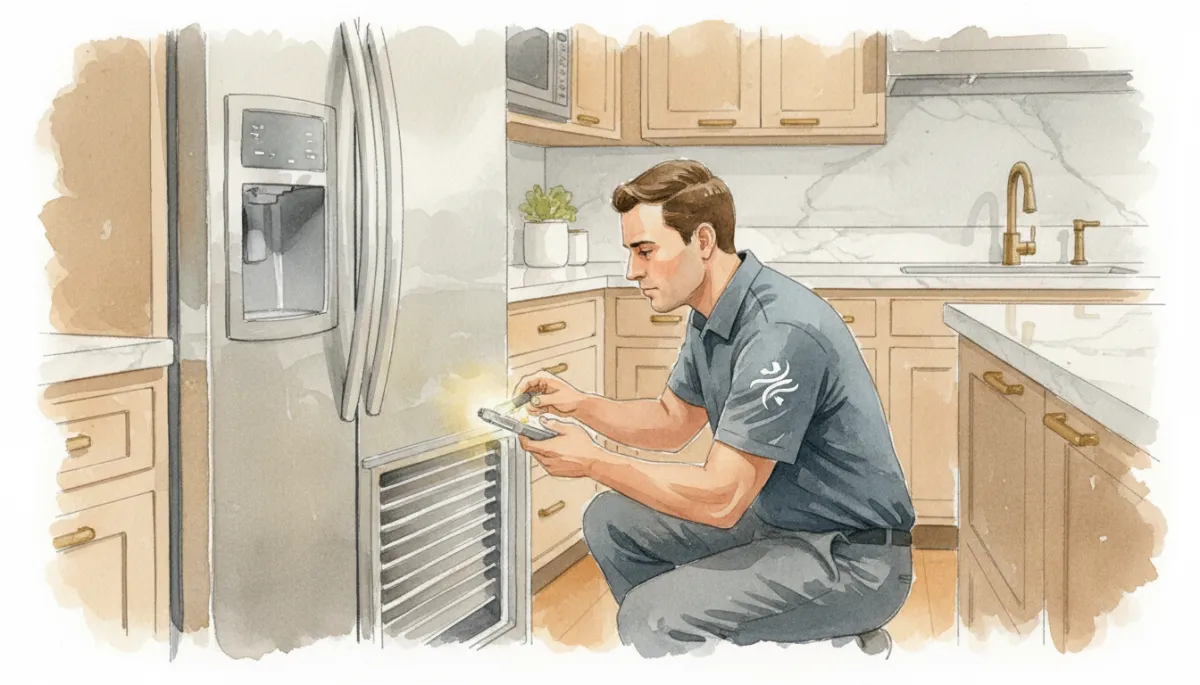 Technician servicing a Sub-Zero refrigerator condenser and door seals