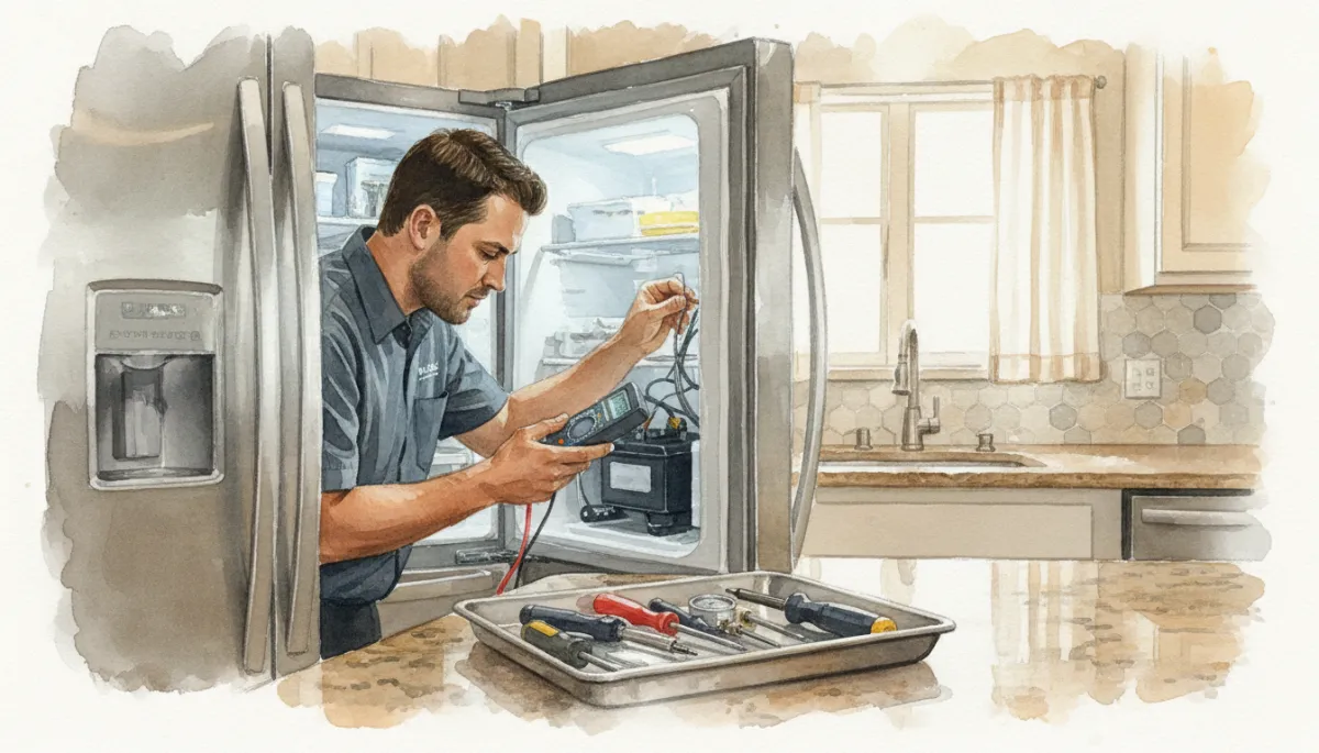 Technician performing diagnostic testing on an older Sub-Zero refrigerator