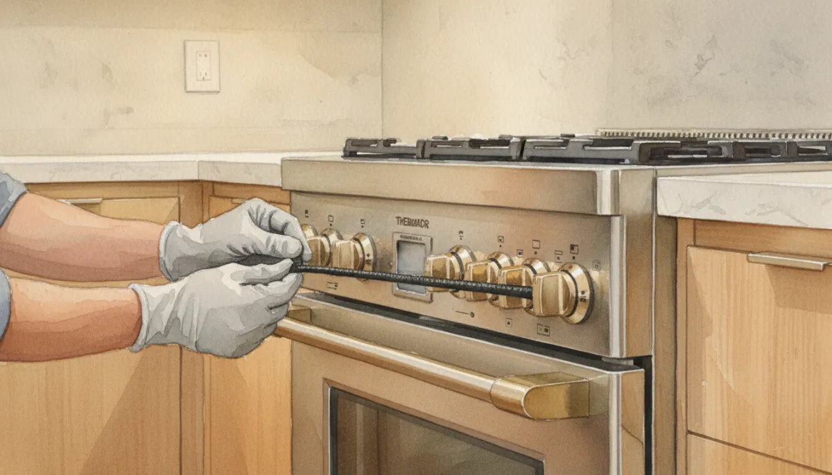 Technician inspecting a Thermador oven door gasket for wear Technician inspecting a Thermador oven door gasket for wear