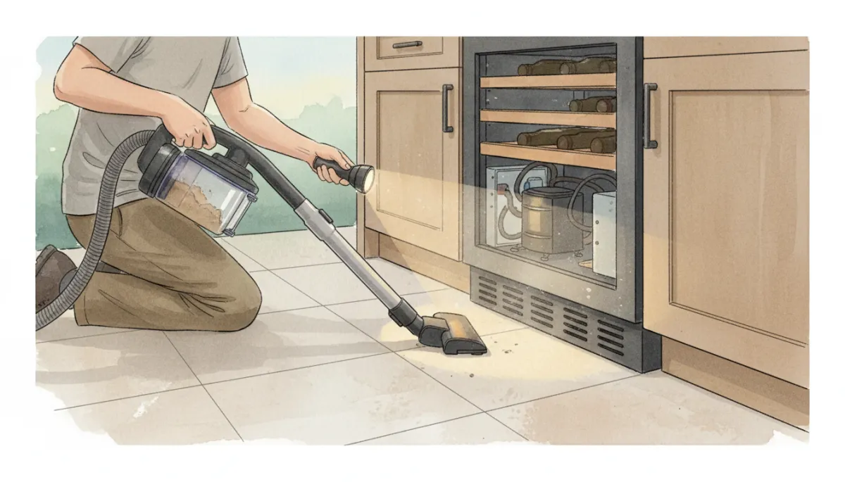 Technician cleaning the vent and grille of a built-in wine cooler