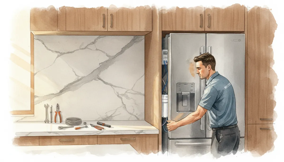 Technician inspecting the water line and filter behind a luxury refrigerator during ice maker troubleshooting