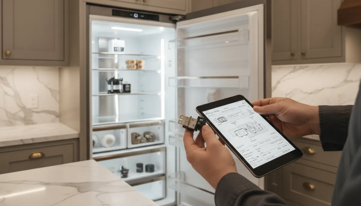 Technician comparing OEM parts during luxury appliance service