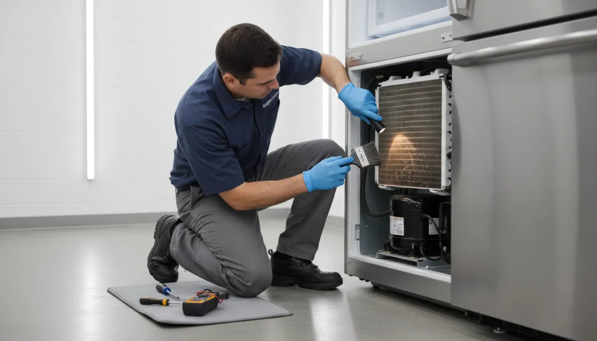 Technician inspecting the compressor and coils of a luxury refrigerator