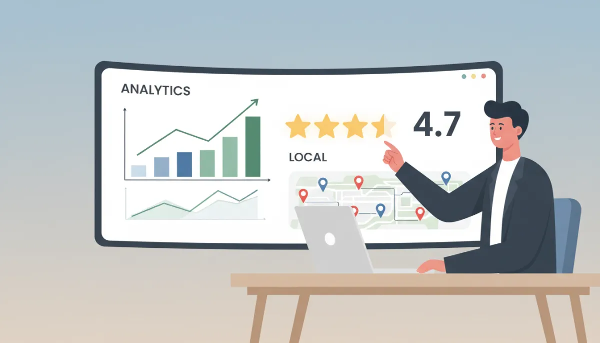 Illustration of a local business owner reviewing search and review analytics in modern clean neutral style Illustration of a local business owner reviewing search and review analytics in modern clean neutral style