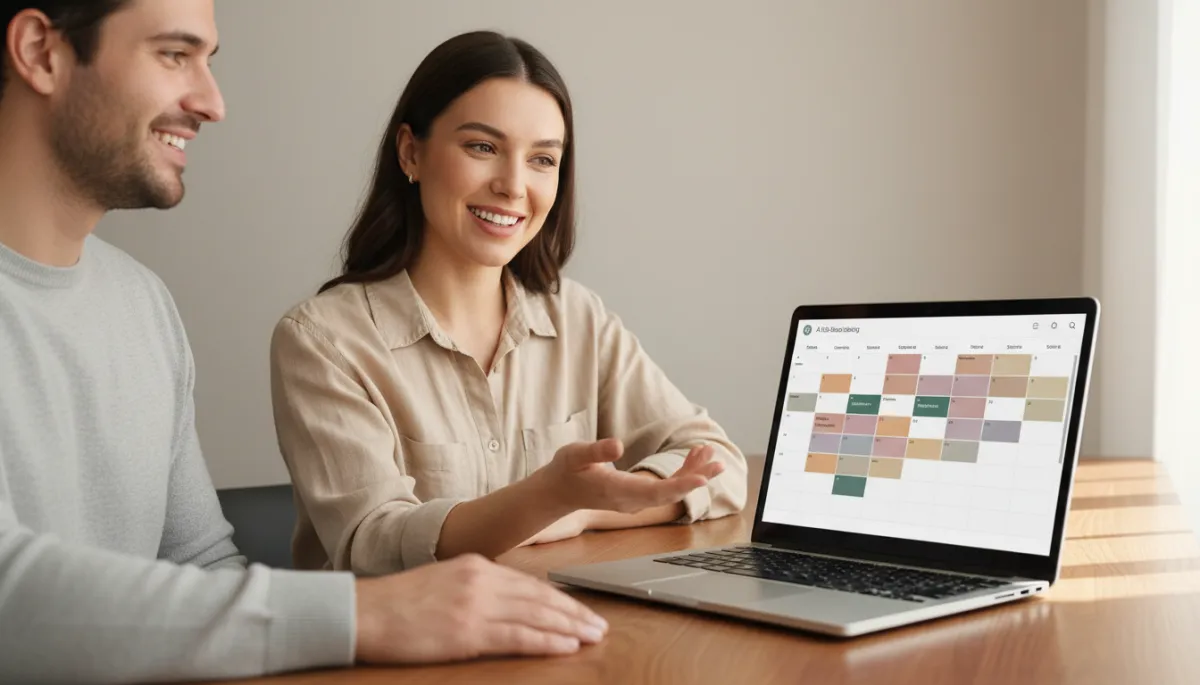 Laptop showing AI-powered booking calendar filling with appointments