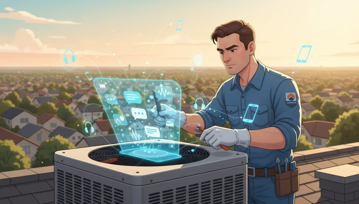 HVAC technician working on a furnace while AI logs customer calls
