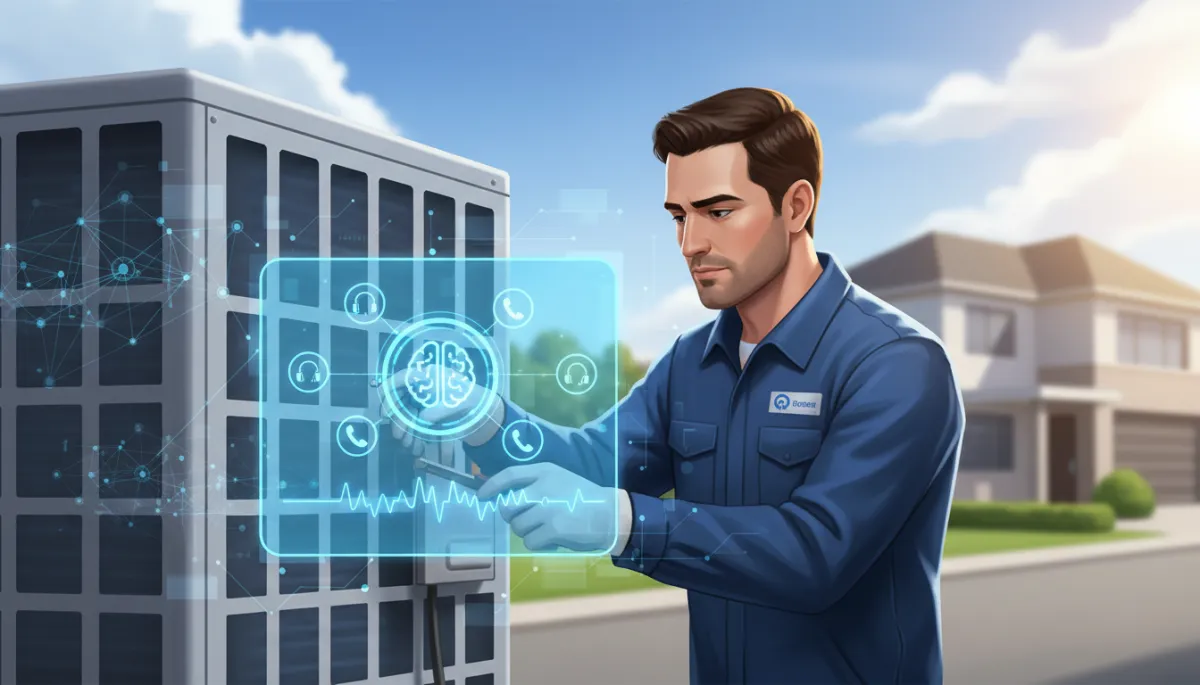photorealistic cinematic scene of an HVAC technician kneeling beside an open air conditioning unit in a dim garage, dramatic amber rim lighting outlining his shoulders and tool belt, smartphone on a nearby workbench glowing with an AI call assistant interface, shallow depth of field and moody contrast