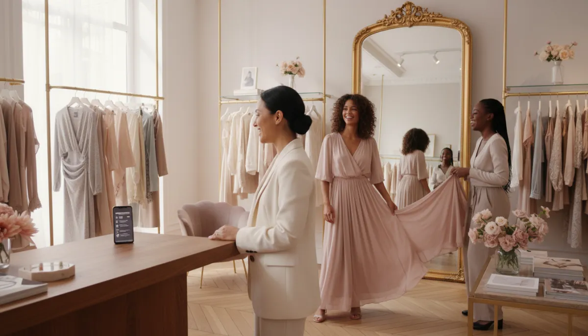 Boutique owner with clients while phone shows missed calls on the counter