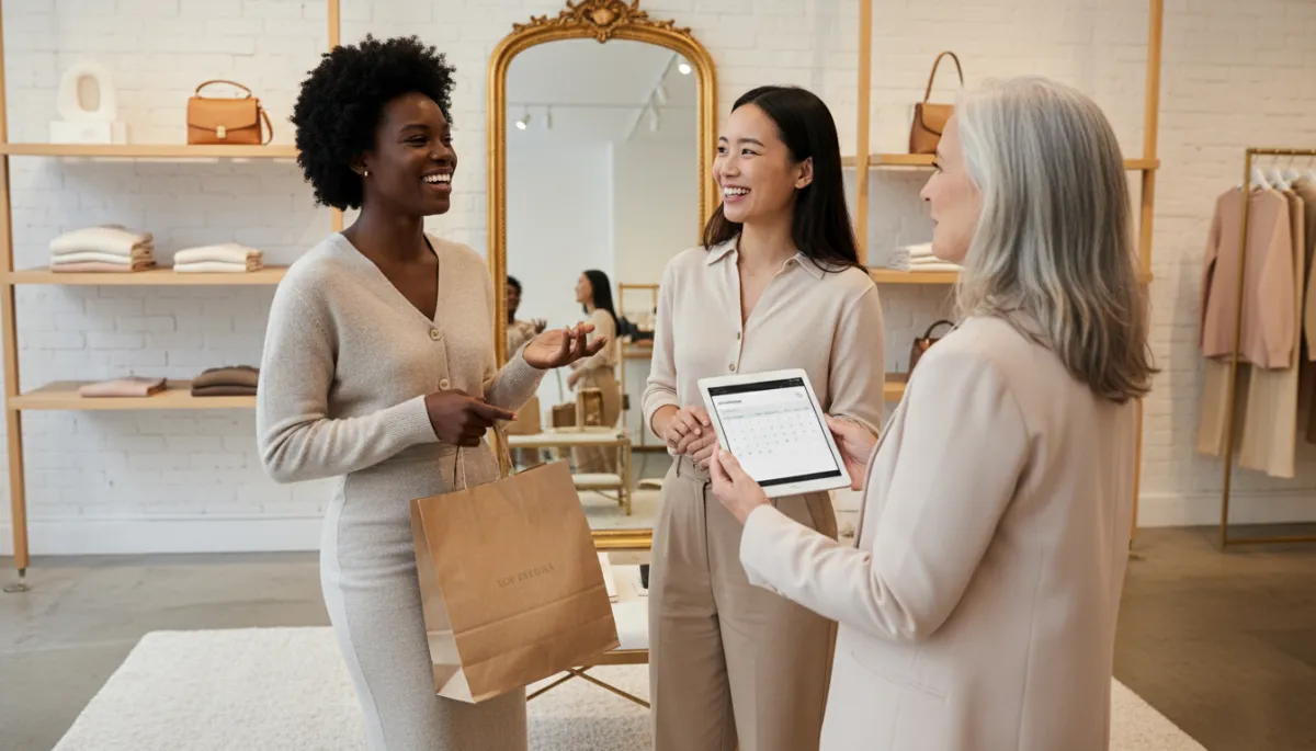 Happy customers in a chic boutique while the owner checks new reviews and appointments