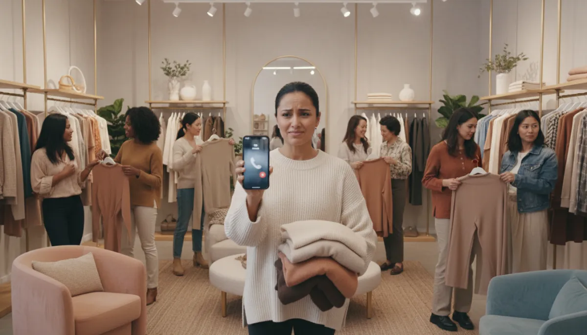 Dueña de boutique ocupada con clientas mientras suena el teléfono sin contestar