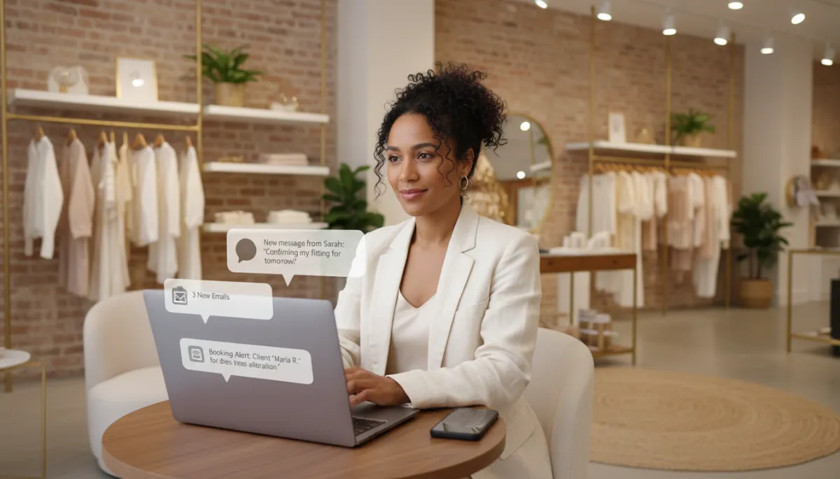 Dueña de boutique revisando en su laptop cómo la IA gestiona citas y mensajes