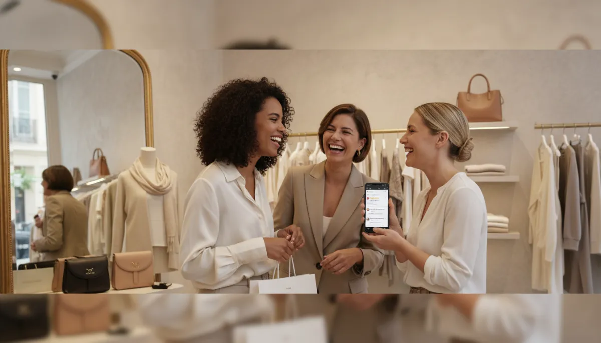Propriétaire heureuse montrant les nouveaux avis Google après une vente