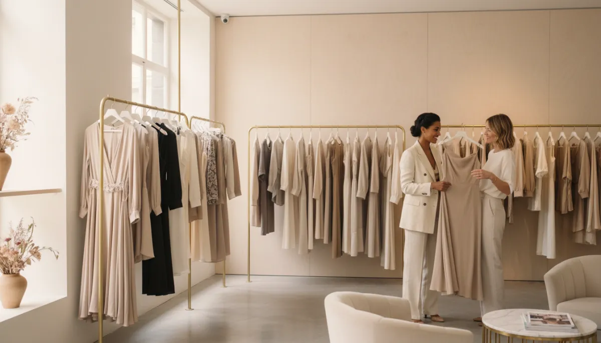 photorealistic neutral-toned chic Parisian-style fashion boutique interior with racks of elegant clothing, soft natural light, and a diverse woman boutique owner in a tailored blazer smiling while helping a client, editorial photography style
