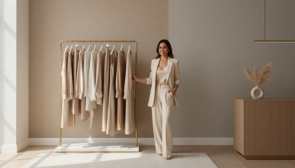 photorealistic neutral-toned chic boutique interior with a stylish Latina boutique owner in her 30s smiling near a clothing rack, soft natural light, muted beige and cream palette, editorial photography style