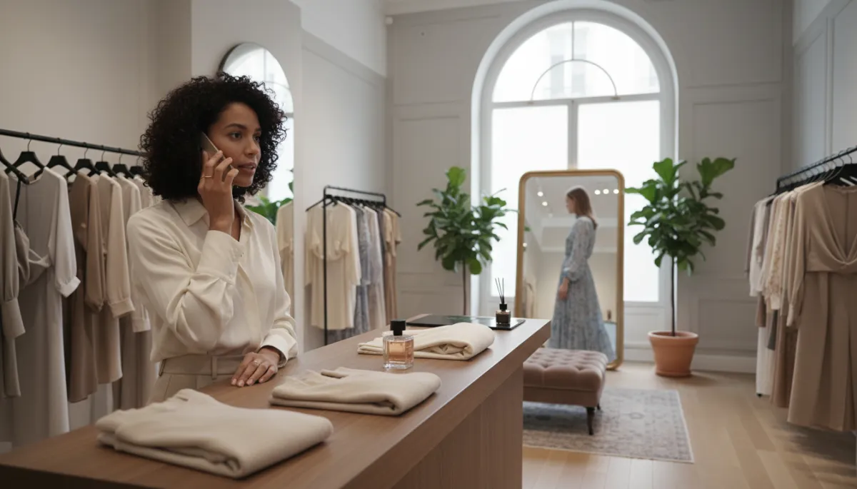 photorealistic neutral-toned chic Parisian fashion boutique interior, elegant diverse woman owner in silk blouse behind wooden counter, speaking on phone while a customer tries on a dress near large window, soft natural light, editorial photography