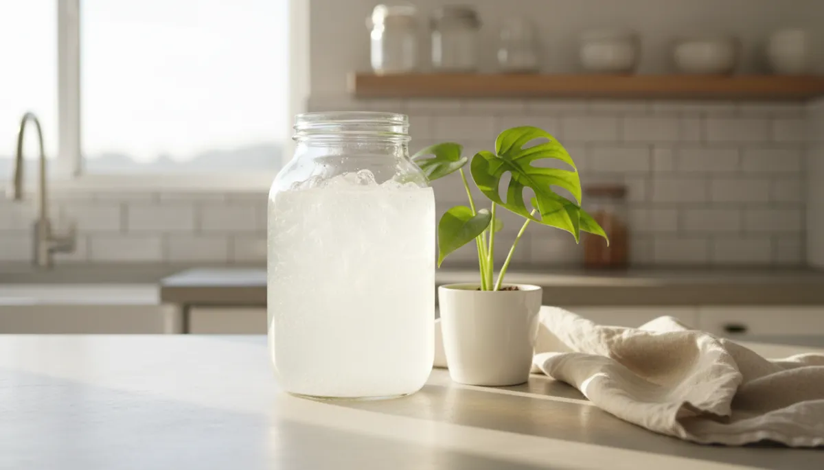 add a photo: A bright, clean, minimalist kitchen counter. A glass jar filled with active, bubbling water kefir or kombucha catching soft morning sunlight. Nearby, a fresh green plant and clean linen fabric. High-end lifestyle and wellness photography style, 8k resolution."]. Context: This is for a blog post about "Fermentazione e salute: il legame indissolubile tra microbiota e cibo vivo". Style: Professional quality, photorealistic, high resolution