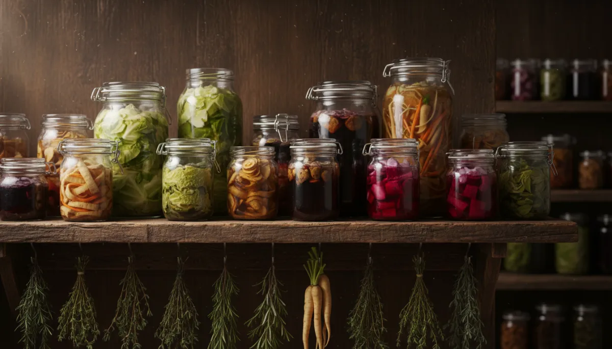 add image: An elegant, moody pantry shelf with various clear glass jars containing beautifully aged and evolving ferments, root vegetables, and herbs. Soft cinematic side lighting, rustic dark wood background, focused on textures and depth. High-end culinary photography, 8k resolution.". Context: This is for a blog post about "Oltre la scadenza: Come la fermentazione trasforma la conservazione in evoluzione". Style: Professional quality, photorealistic, high resolution add image: An elegant, moody pantry shelf with various clear glass jars containing beautifully aged and evolving ferments, root vegetables, and herbs. Soft cinematic side lighting, rustic dark wood background, focused on textures and depth. High-end culinary photography, 8k resolution.". Context: This is for a blog post about "Oltre la scadenza: Come la fermentazione trasforma la conservazione in evoluzione". Style: Professional quality, photorealistic, high resolution