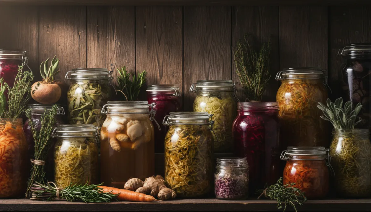 add image: An elegant, moody pantry shelf with various clear glass jars containing beautifully aged and evolving ferments, root vegetables, and herbs. Soft cinematic side lighting, rustic dark wood background, focused on textures and depth. High-end culinary photography, 8k resolution.". Context: This is for a blog post about "Oltre la scadenza: Come la fermentazione trasforma la conservazione in evoluzione". Style: Professional quality, photorealistic, high resolution add image: An elegant, moody pantry shelf with various clear glass jars containing beautifully aged and evolving ferments, root vegetables, and herbs. Soft cinematic side lighting, rustic dark wood background, focused on textures and depth. High-end culinary photography, 8k resolution.". Context: This is for a blog post about "Oltre la scadenza: Come la fermentazione trasforma la conservazione in evoluzione". Style: Professional quality, photorealistic, high resolution