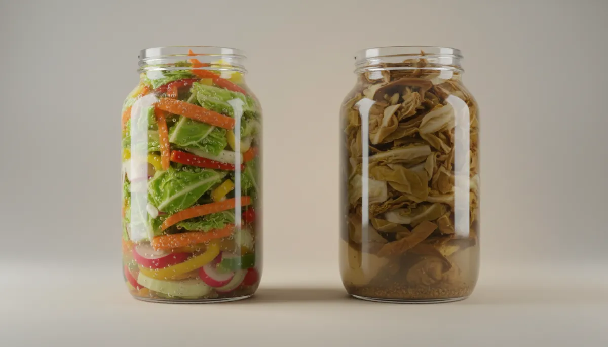 Confronto tra verdure fermentate croccanti e molli Confronto tra verdure fermentate croccanti e molli