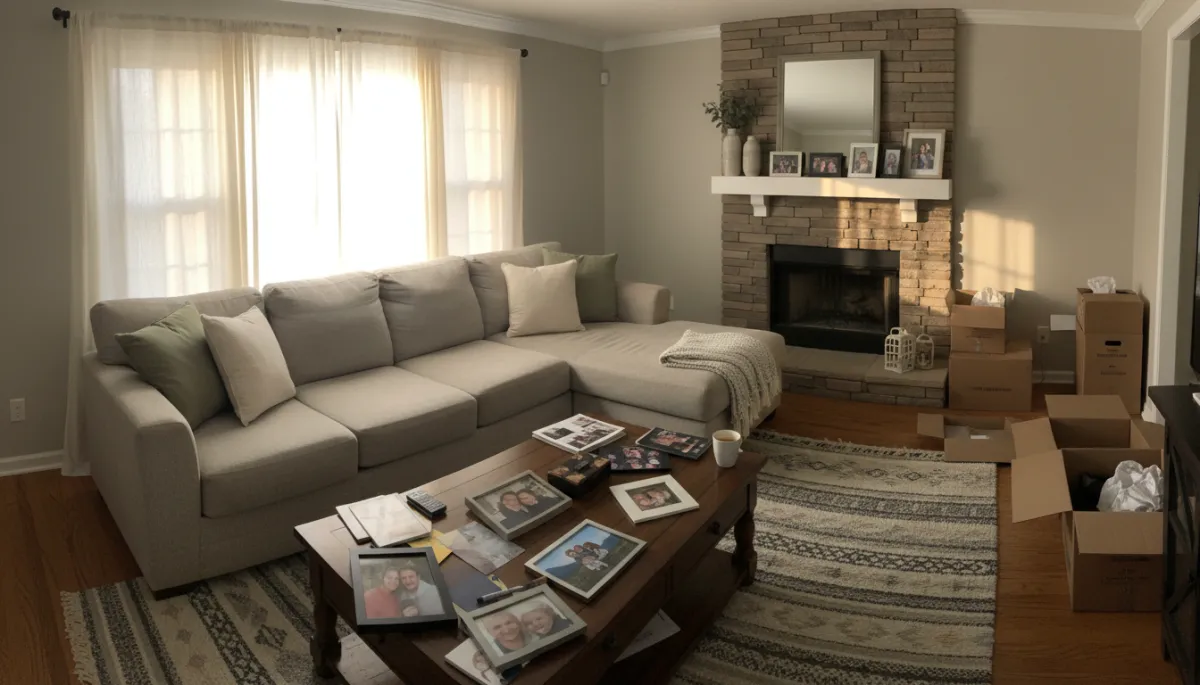 Living room with moving boxes and family photos in Knoxville home Living room with moving boxes and family photos in Knoxville home