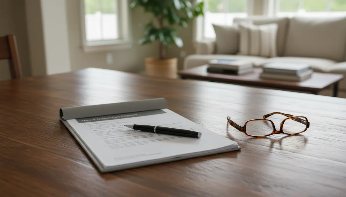 Printed home inspection report on a table in a well-maintained home