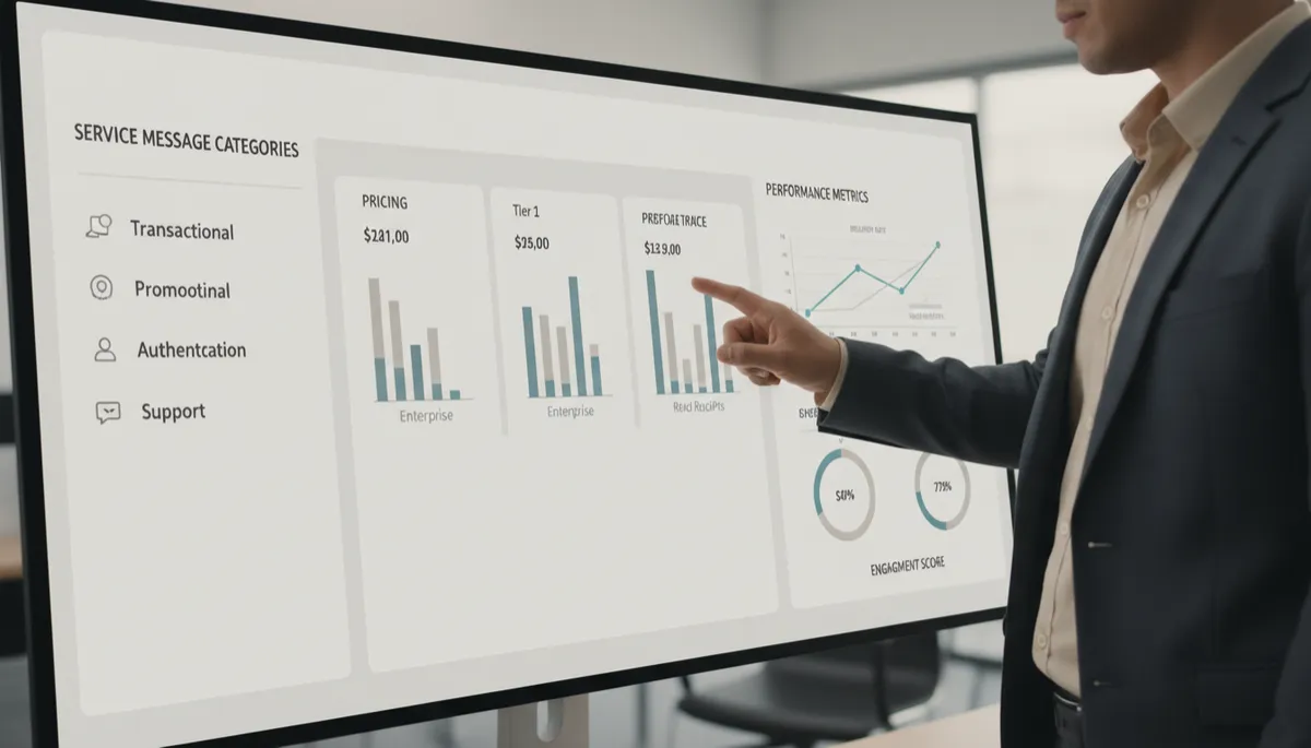 Profissional analisando painel de métricas e custos de mensagens do WhatsApp em um monitor grande Profissional analisando painel de métricas e custos de mensagens do WhatsApp em um monitor grande