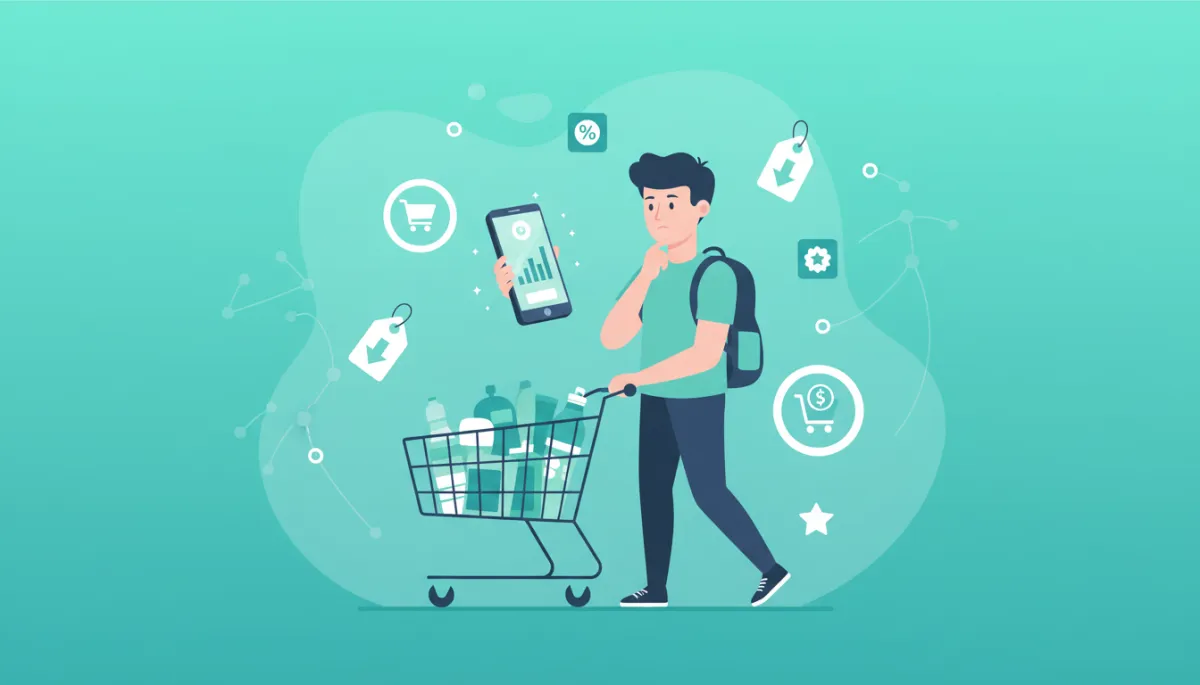 Illustration of a student comparing grocery prices for budgeting Illustration of a student comparing grocery prices for budgeting