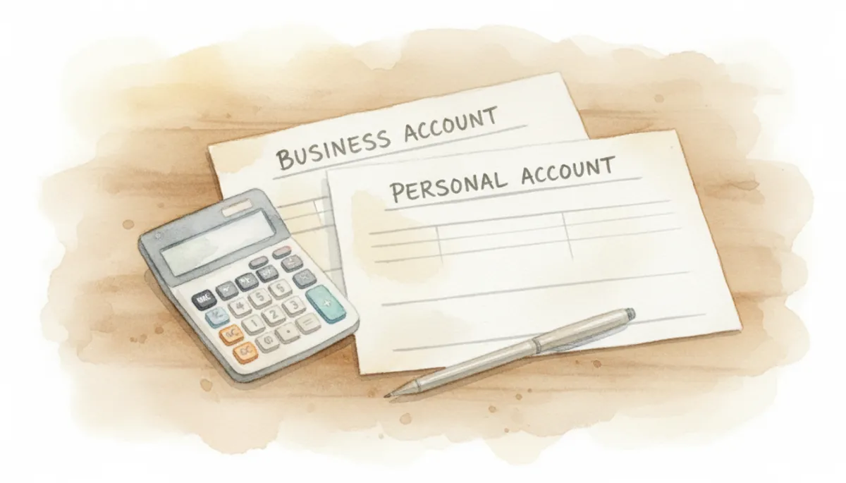 Separated personal and business bank statements on a professional office desk Separated personal and business bank statements on a professional office desk