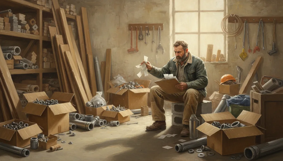 canvas oil painting of a cluttered construction storage area in warm neutral tones, open boxes of hardware, lumber leaning against the wall, a weary contractor with a clipboard trying to reconcile mismatched inventory and receipts, soft brushstrokes and gentle lighting