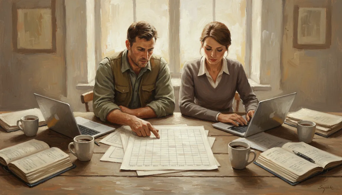 Canvas oil painting of a contractor and bookkeeper mapping out a weekly cash forecast Canvas oil painting of a contractor and bookkeeper mapping out a weekly cash forecast