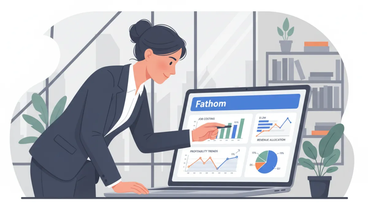 A business advisor in a modern office reviewing an integrated job costing and profitability dashboard on a laptop, where the dashboard visually and clearly features the name 'Fathom' (not 'Phantom'). The setting is professional, with focus on financial analytics and clear branding. A business advisor in a modern office reviewing an integrated job costing and profitability dashboard on a laptop, where the dashboard visually and clearly features the name 'Fathom' (not 'Phantom'). The setting is professional, with focus on financial analytics and clear branding.