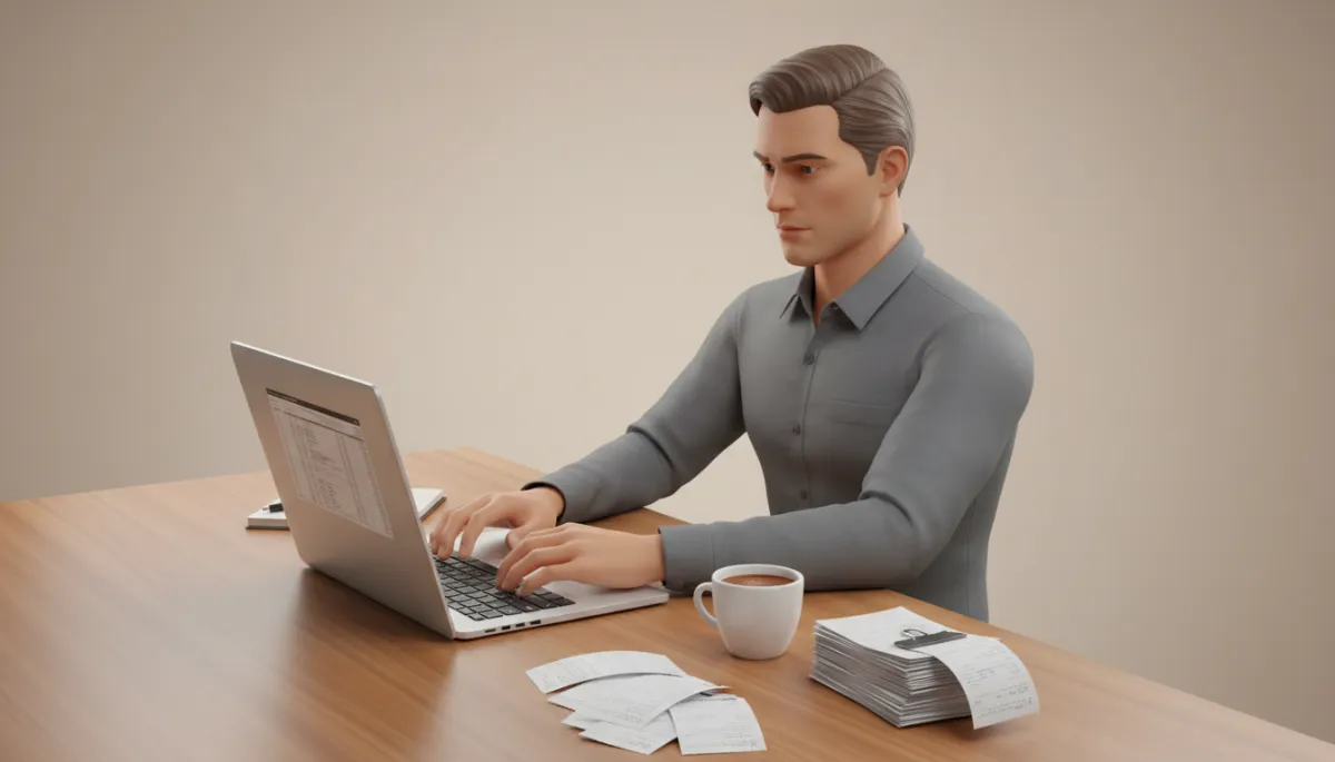 Contractor organizing receipts and tracking income on a laptop Contractor organizing receipts and tracking income on a laptop