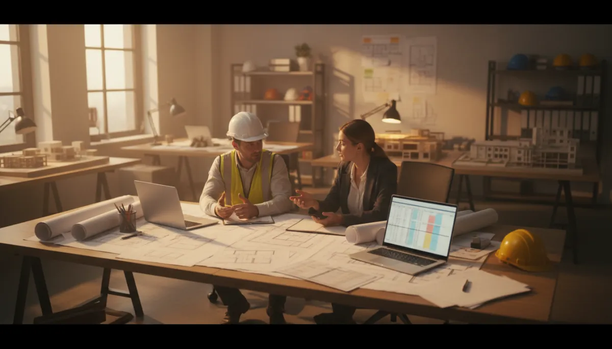 Contractor and estimator reviewing blueprints and cost spreadsheets together