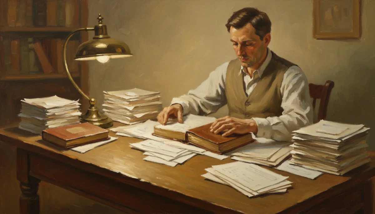 Canvas oil painting of a bookkeeper organizing financial records in warm neutral tones Canvas oil painting of a bookkeeper organizing financial records in warm neutral tones