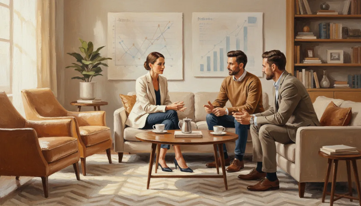 Canvas oil painting of a business owner meeting with financial partners in a cozy office Canvas oil painting of a business owner meeting with financial partners in a cozy office