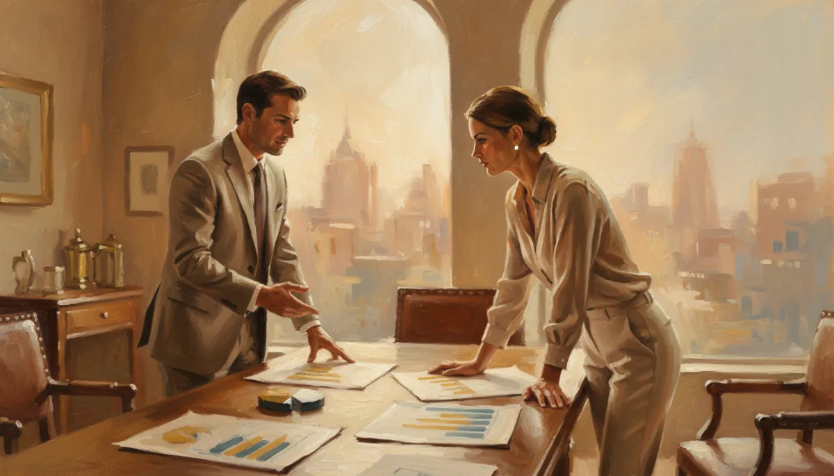 Canvas oil painting of a financial advisor planning strategy with a business owner Canvas oil painting of a financial advisor planning strategy with a business owner