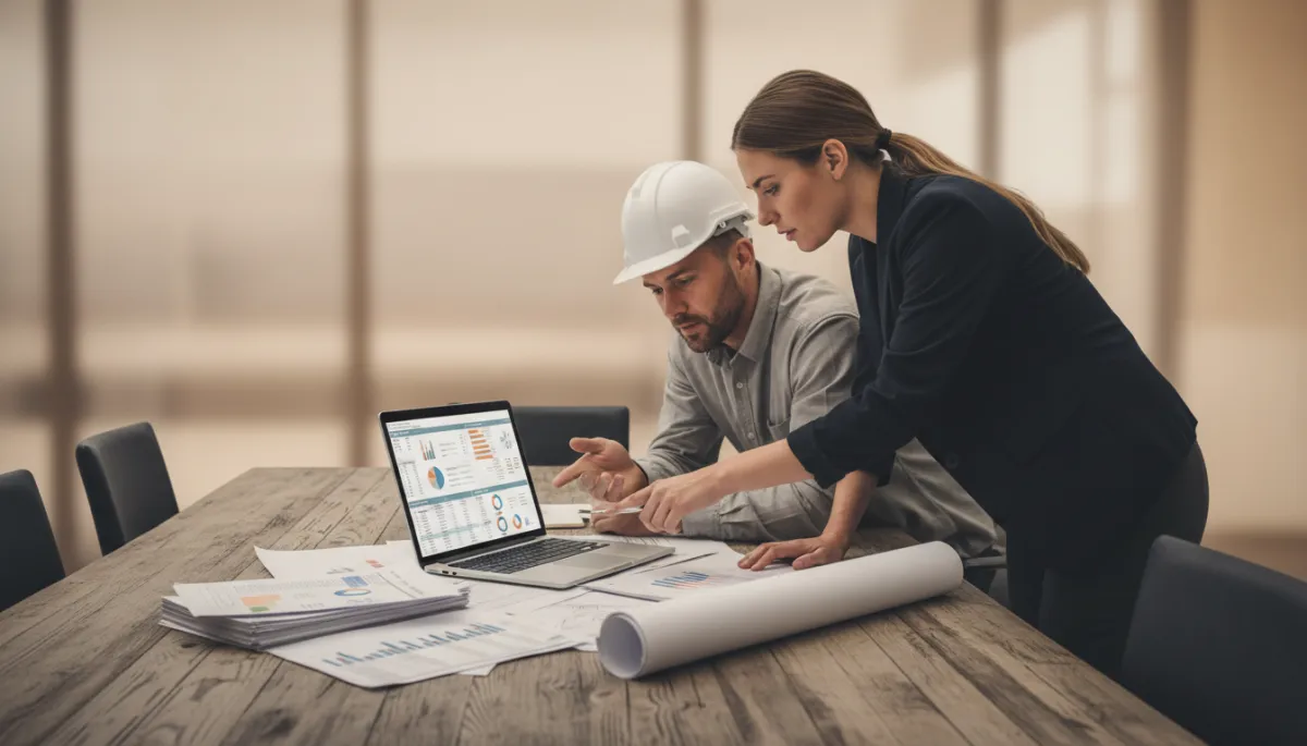 Contractor and project manager analyzing weekly cost and labor productivity reports Contractor and project manager analyzing weekly cost and labor productivity reports