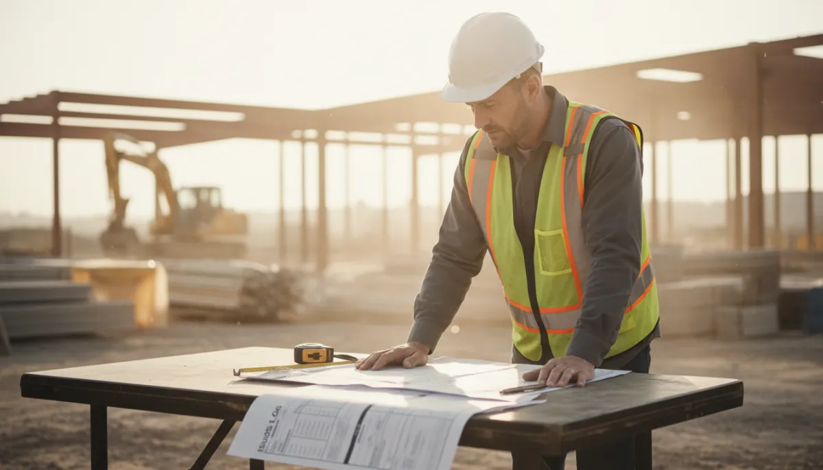 Contractor reviewing weekly risk, issues, and change management documentation on site Contractor reviewing weekly risk, issues, and change management documentation on site