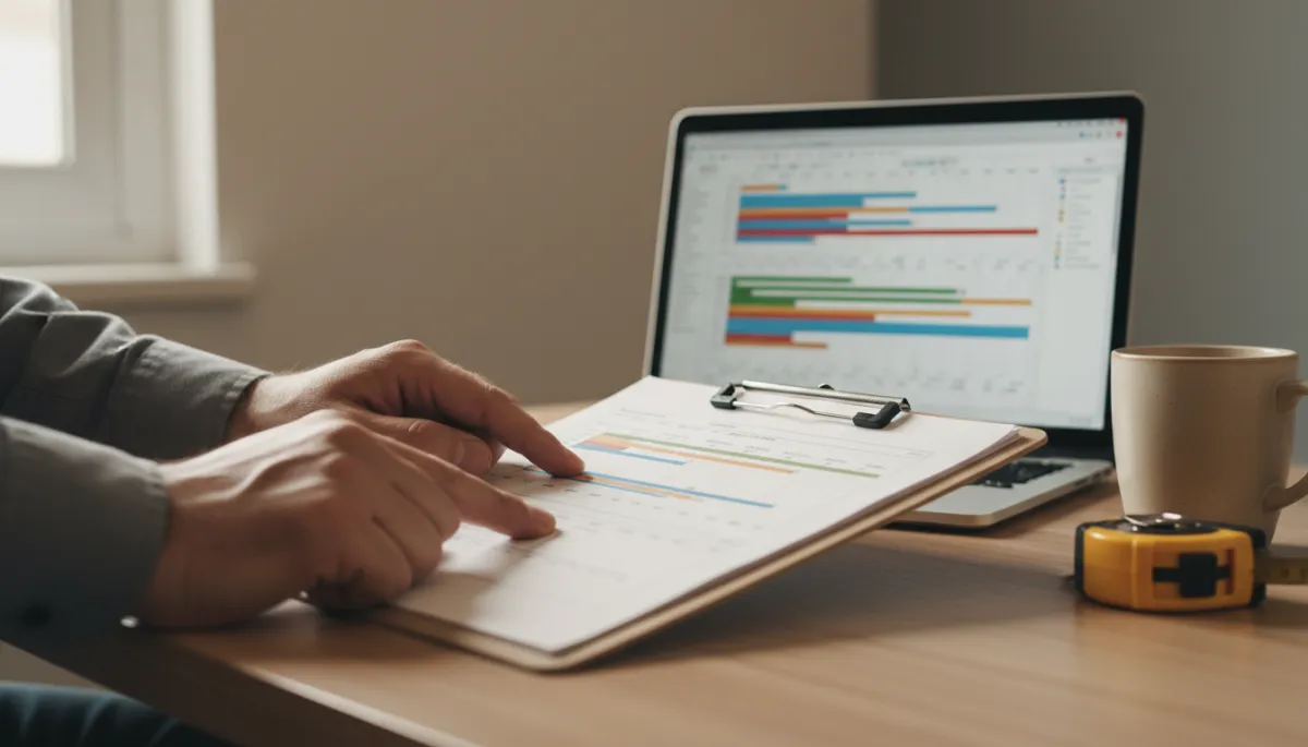 Contractor reviewing a weekly Gantt chart schedule and progress details Contractor reviewing a weekly Gantt chart schedule and progress details