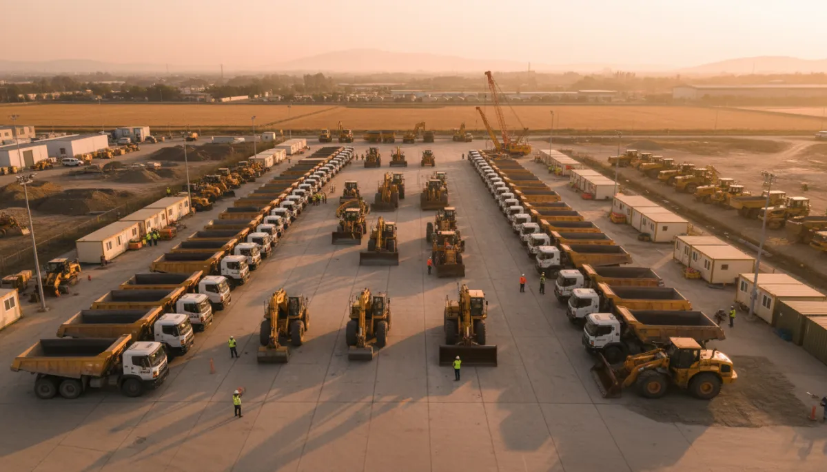 Organized construction yard with trucks and equipment ready Organized construction yard with trucks and equipment ready