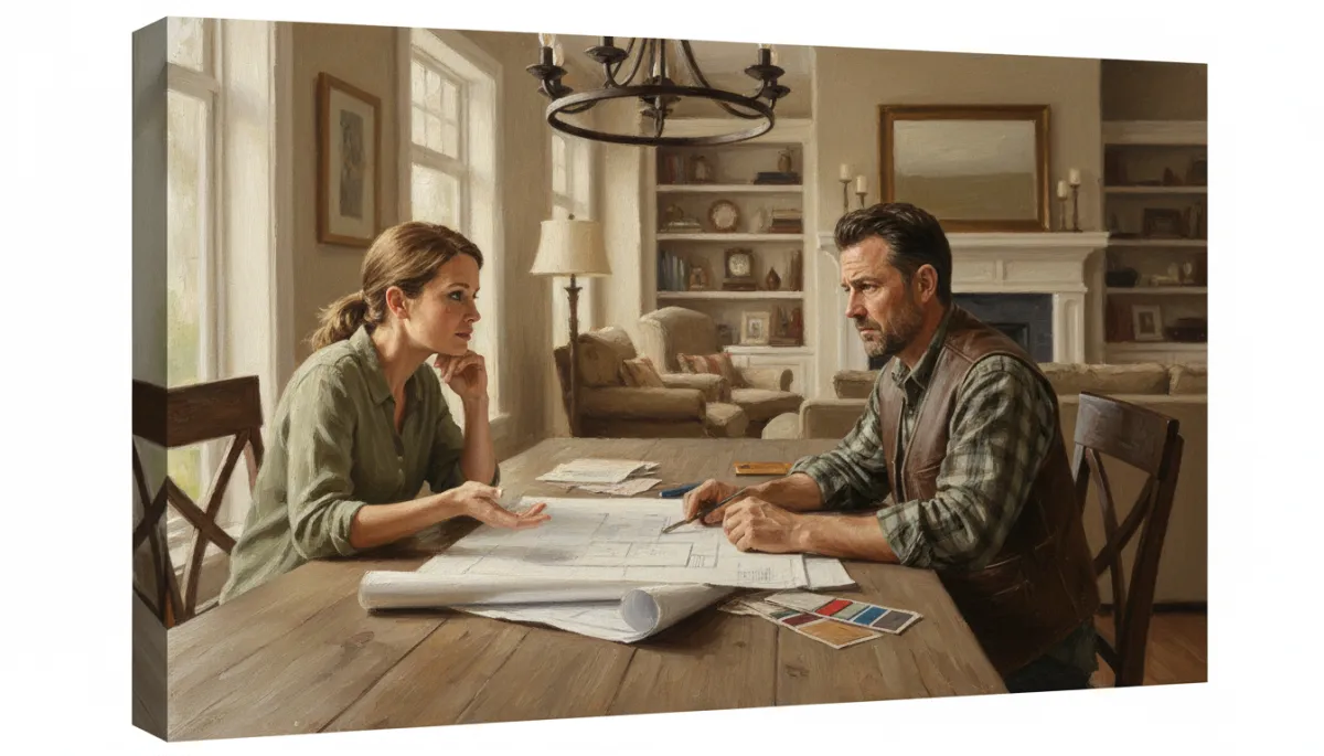 Canvas oil painting of contractor negotiating pricing with a homeowner at a table Canvas oil painting of contractor negotiating pricing with a homeowner at a table