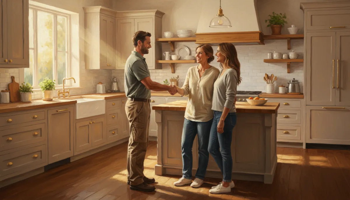 Canvas oil painting of contractor shaking hands with homeowners in a finished kitchen Canvas oil painting of contractor shaking hands with homeowners in a finished kitchen
