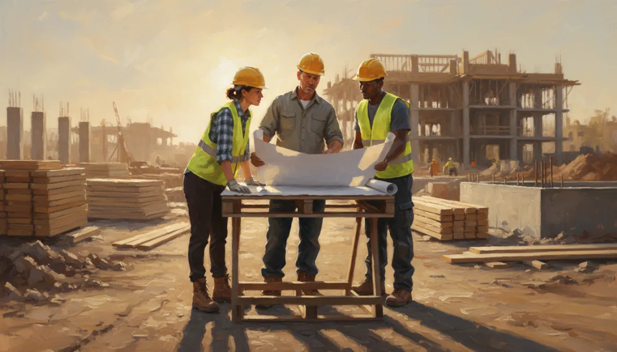 Canvas oil painting of a contractor and crew reviewing plans on a jobsite Canvas oil painting of a contractor and crew reviewing plans on a jobsite